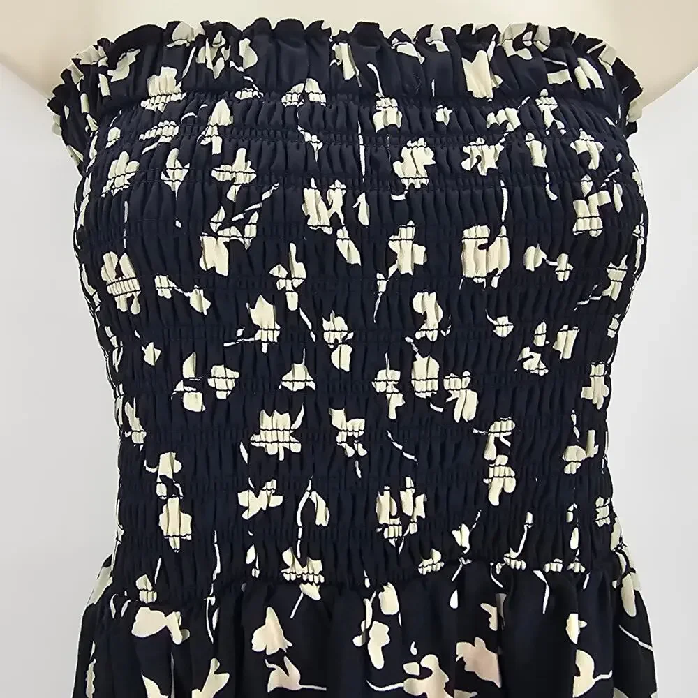 Lulu's Womans size XS Strapless Smocked Floral Tiered Mini Dress Navy Blue/Tan